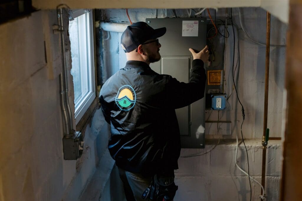 Erik Rooney reviewing a home’s furnace in a basement